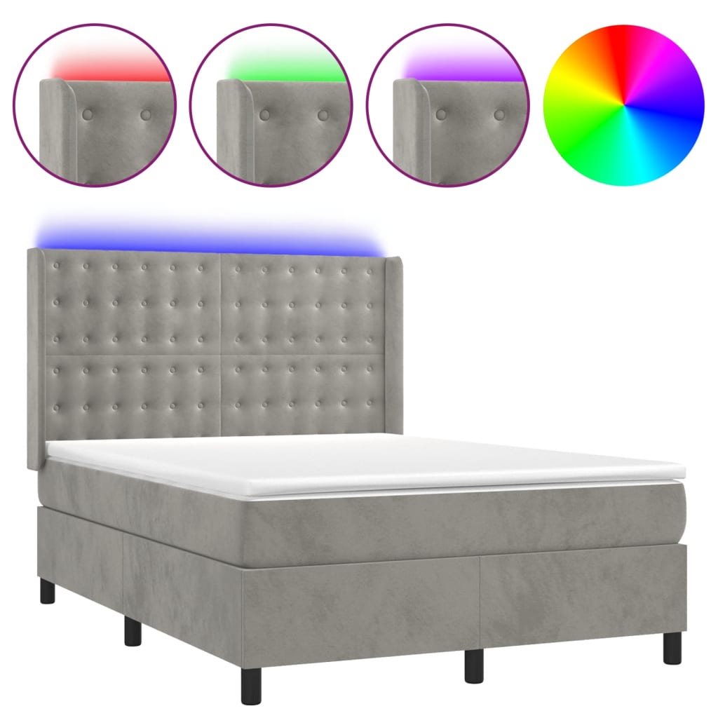 Krevet box spring s madracem LED svjetlosivi 140x200 cm baršun
