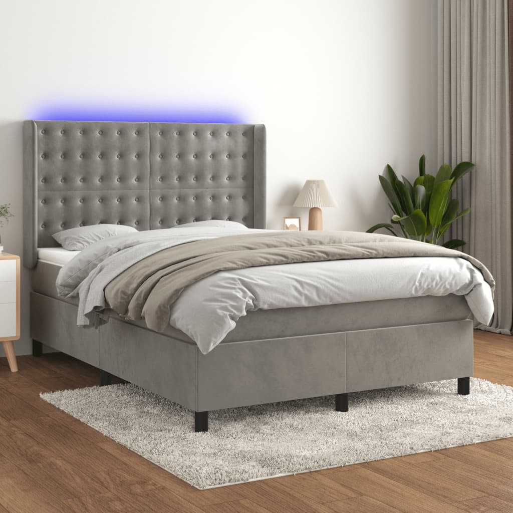 Krevet box spring s madracem LED svjetlosivi 140x200 cm baršun