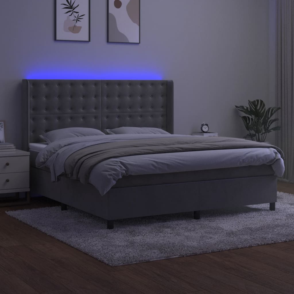 Krevet box spring s madracem LED svjetlosivi 180x200 cm baršun