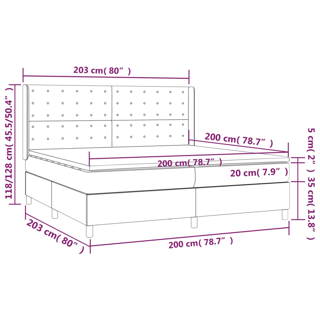 Krevet box spring s madracem LED svjetlosivi 200x200 cm baršun
