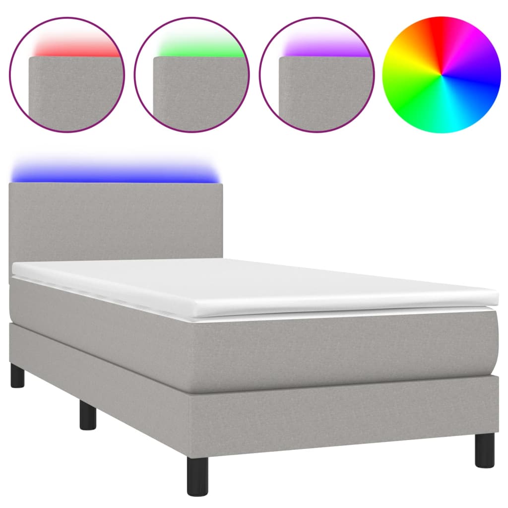 Krevet box spring s madracem LED svjetlosivi 90x190 cm tkanina