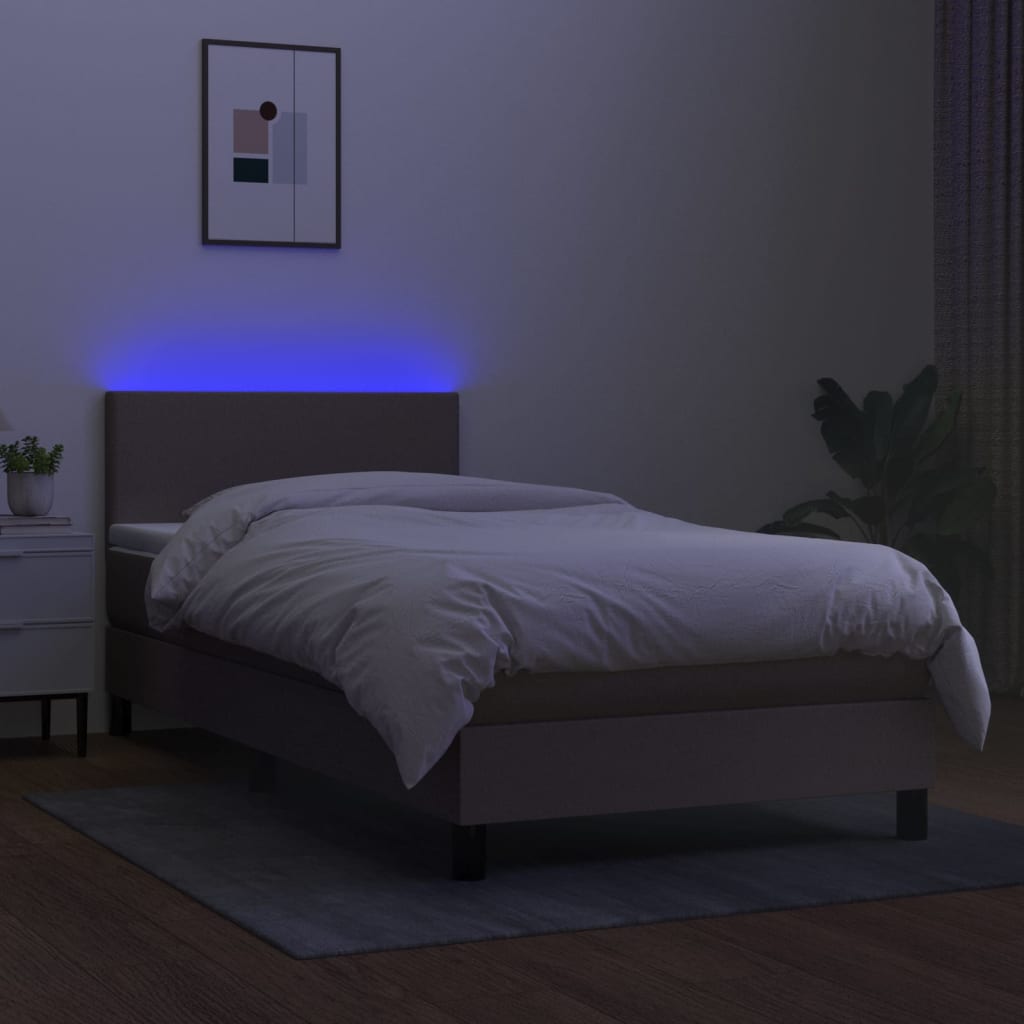 Krevet box spring s madracem LED smeđesivi 90x190 cm tkanina