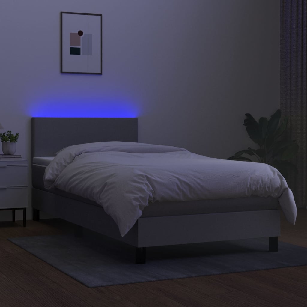 Krevet box spring s madracem LED svjetlosivi 100x200 cm tkanina