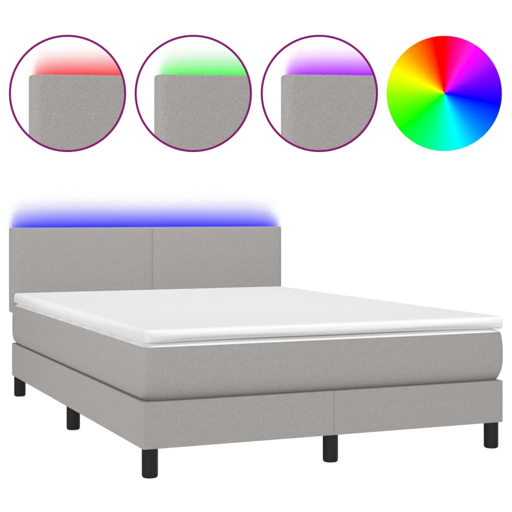 Krevet box spring s madracem LED svjetlosivi 140x200 cm tkanina