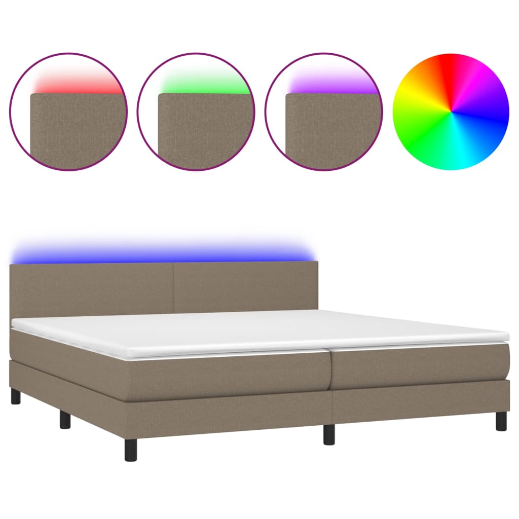Krevet box spring s madracem LED smeđesivi 200x200 cm tkanina