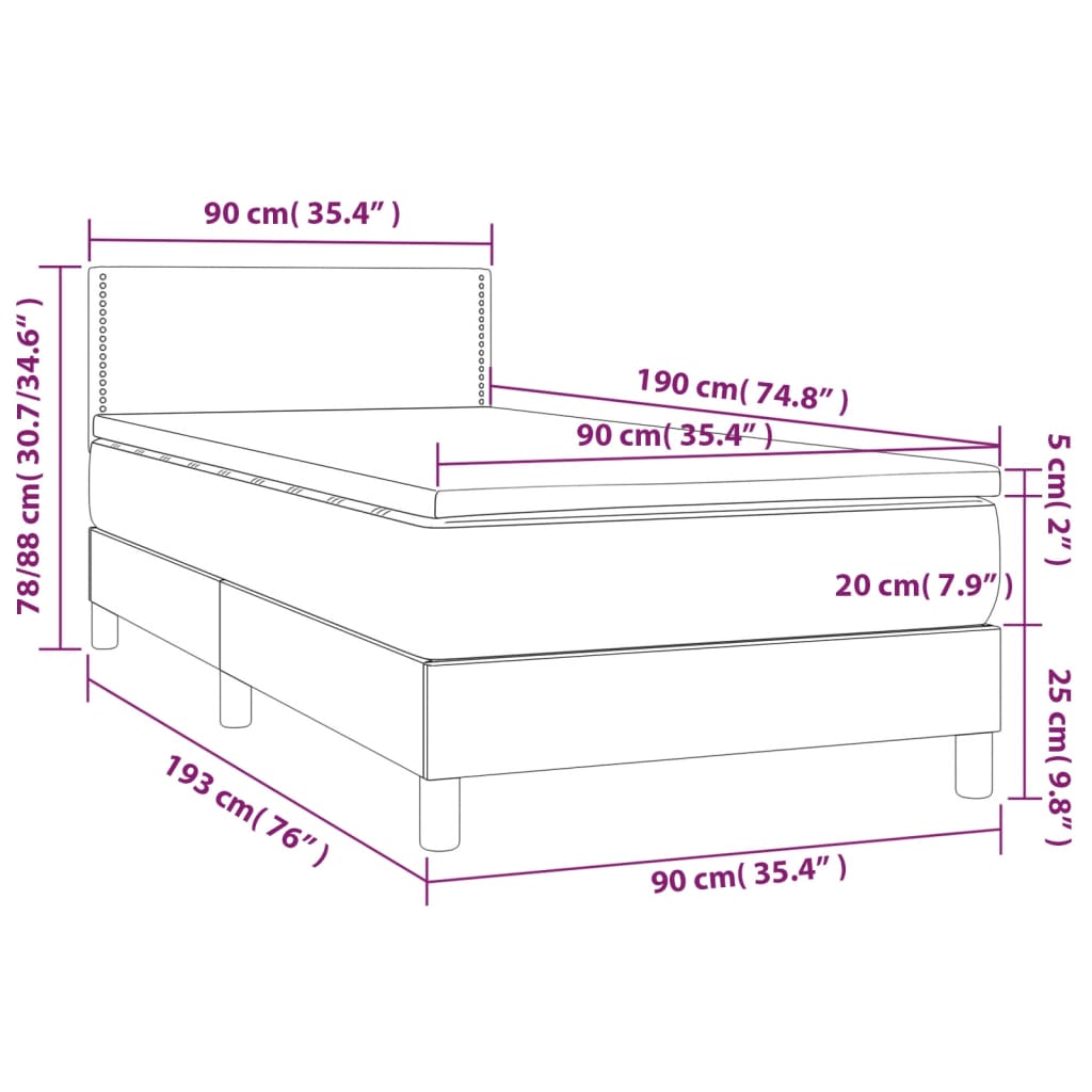 Krevet box spring s madracem LED svjetlosivi 90x190 cm tkanina