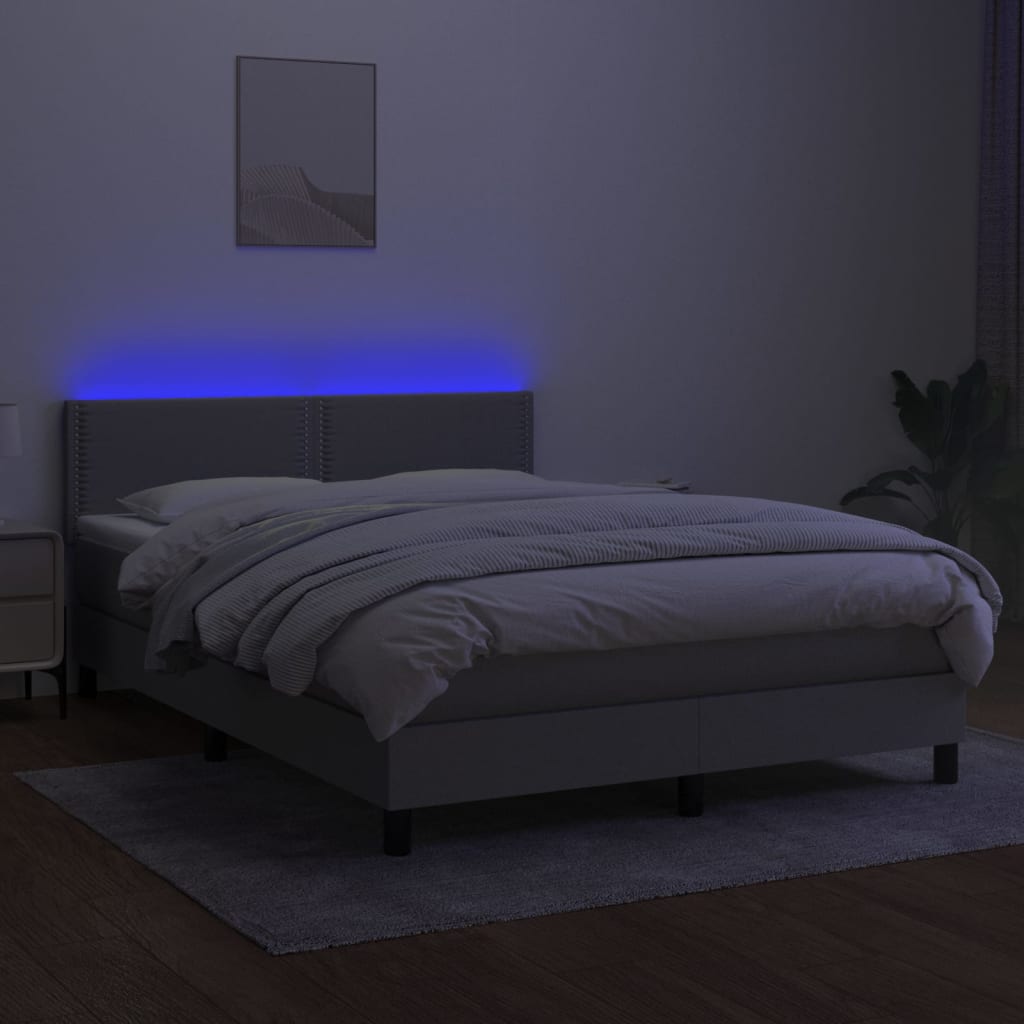 Krevet box spring s madracem LED svjetlosivi 140x190 cm tkanina
