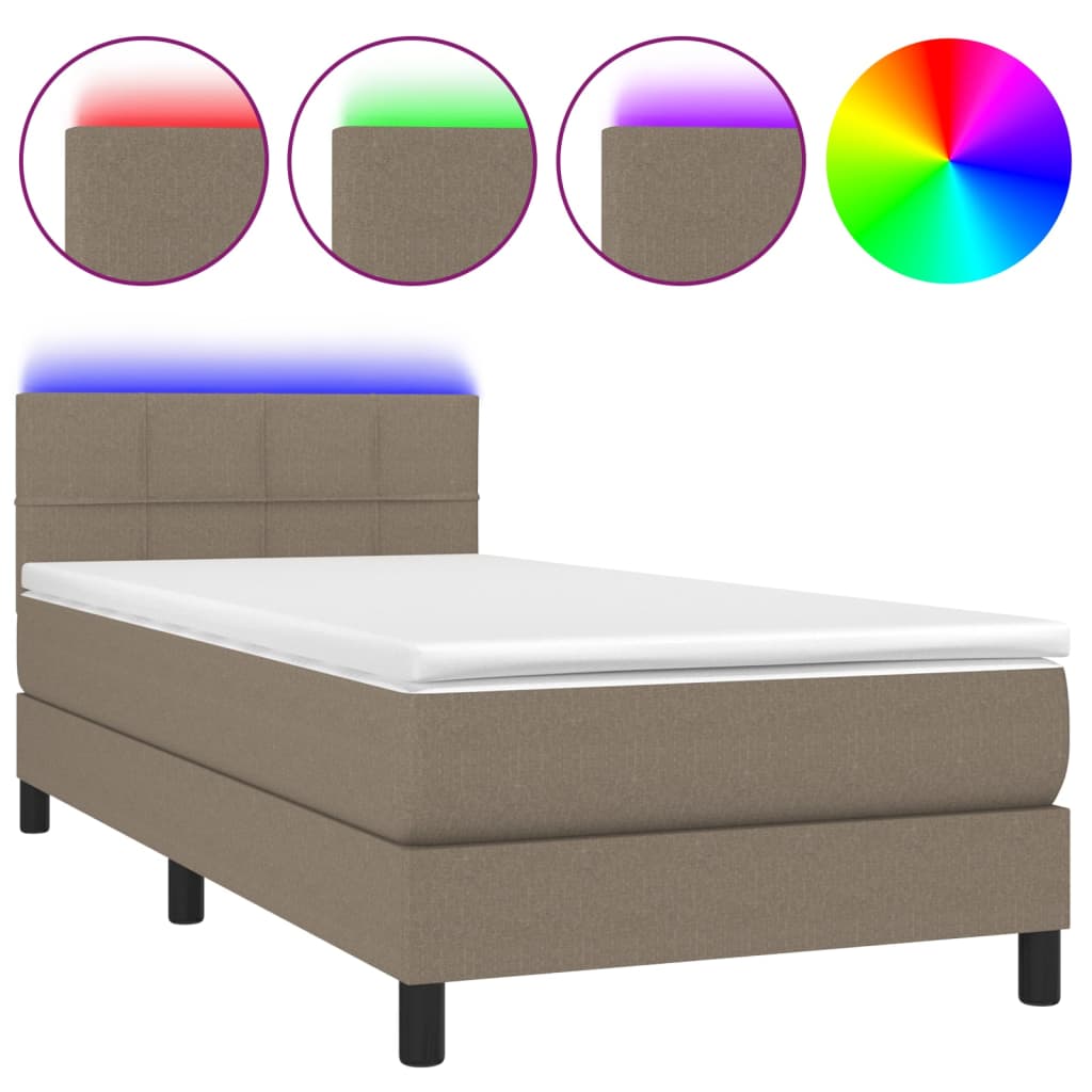 Krevet box spring s madracem LED smeđesivi 90x190 cm tkanina