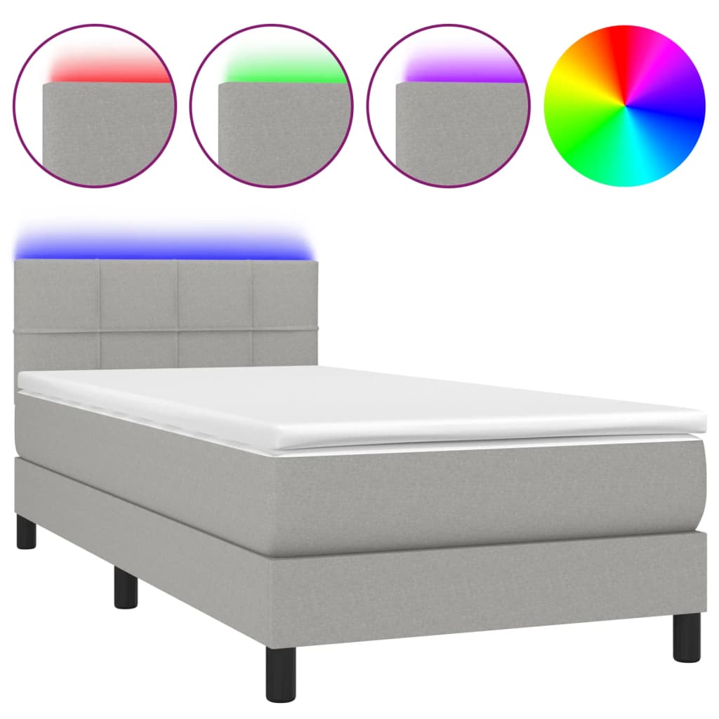 Krevet box spring s madracem LED svjetlosivi 90x200 cm tkanina