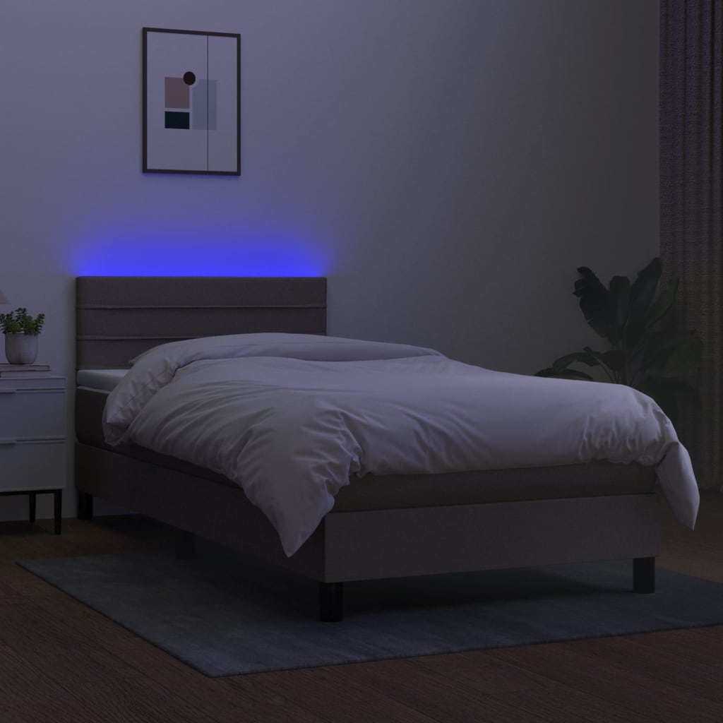 Krevet box spring s madracem LED smeđesivi 90x190 cm tkanina