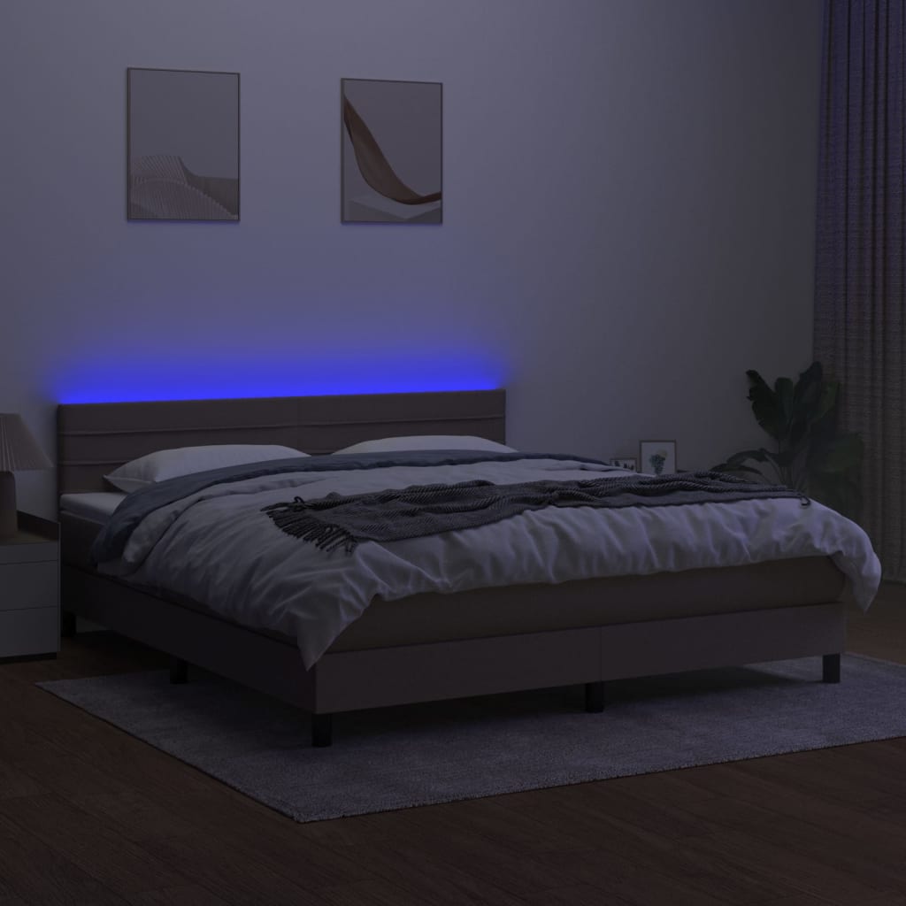 Krevet box spring s madracem LED smeđesivi 160x200 cm tkanina