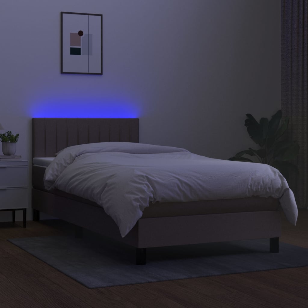 Krevet box spring s madracem LED smeđesivi 90x190 cm tkanina