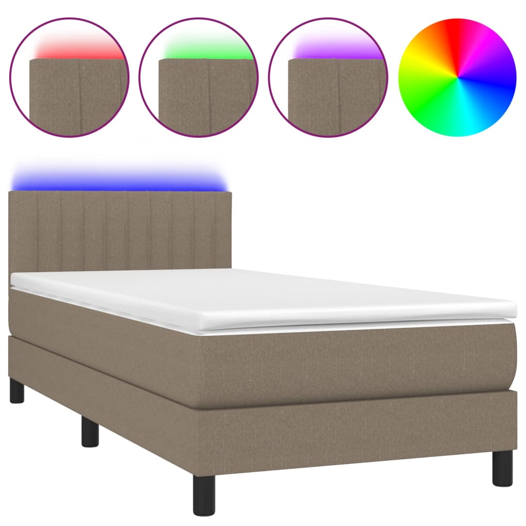 Krevet box spring s madracem LED smeđesivi 100x200 cm tkanina