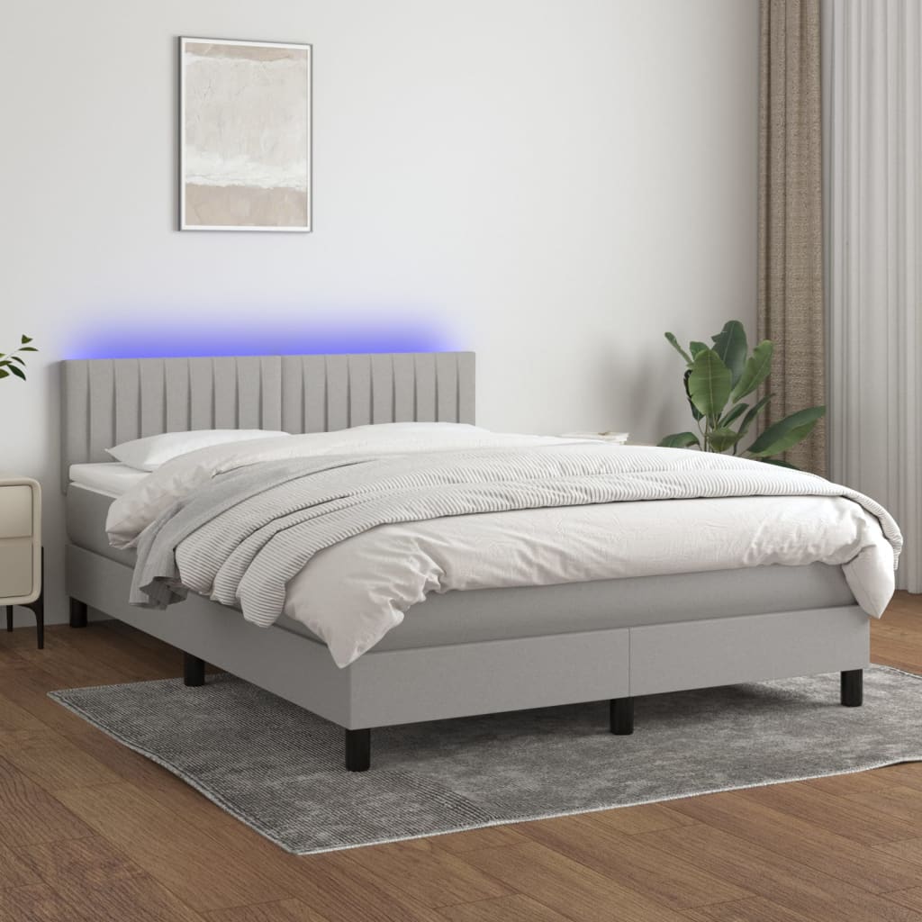 Krevet box spring s madracem LED svjetlosivi 140x200 cm tkanina