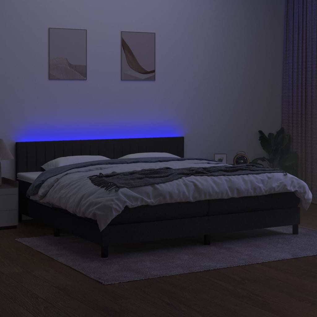 Krevet box spring s madracem LED crni 200x200 cm od tkanine