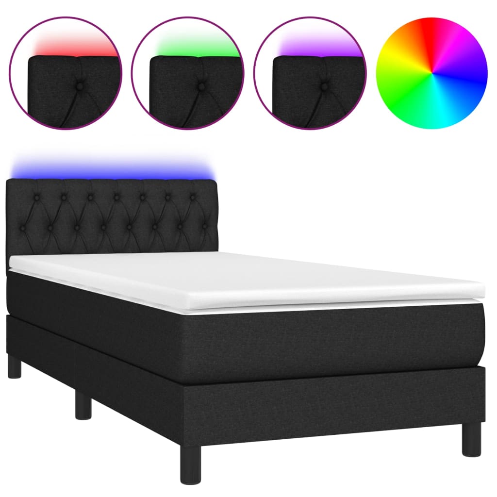 Krevet box spring s madracem LED crni 90x190 cm od tkanine