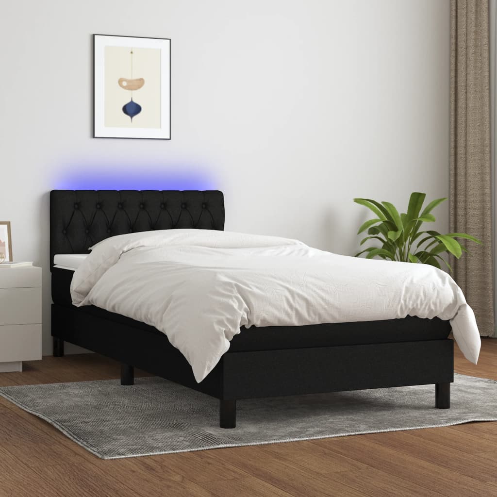 Krevet box spring s madracem LED crni 90x190 cm od tkanine