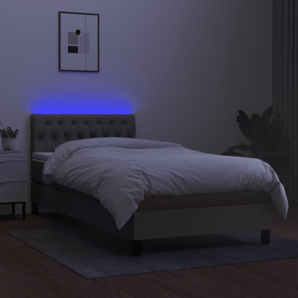 Krevet box spring s madracem LED smeđesivi 90x200 cm tkanina