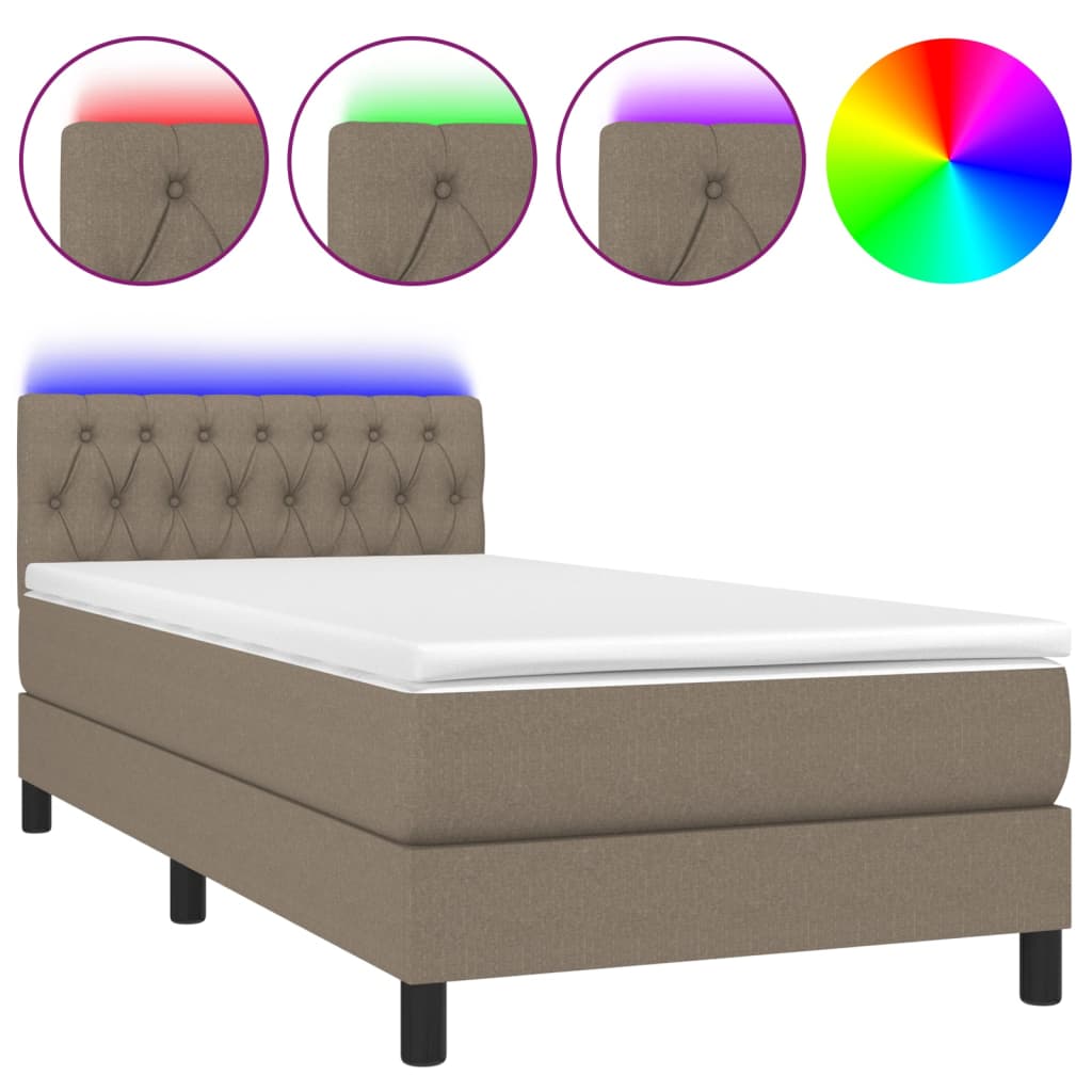 Krevet box spring s madracem LED smeđesivi 100x200 cm tkanina