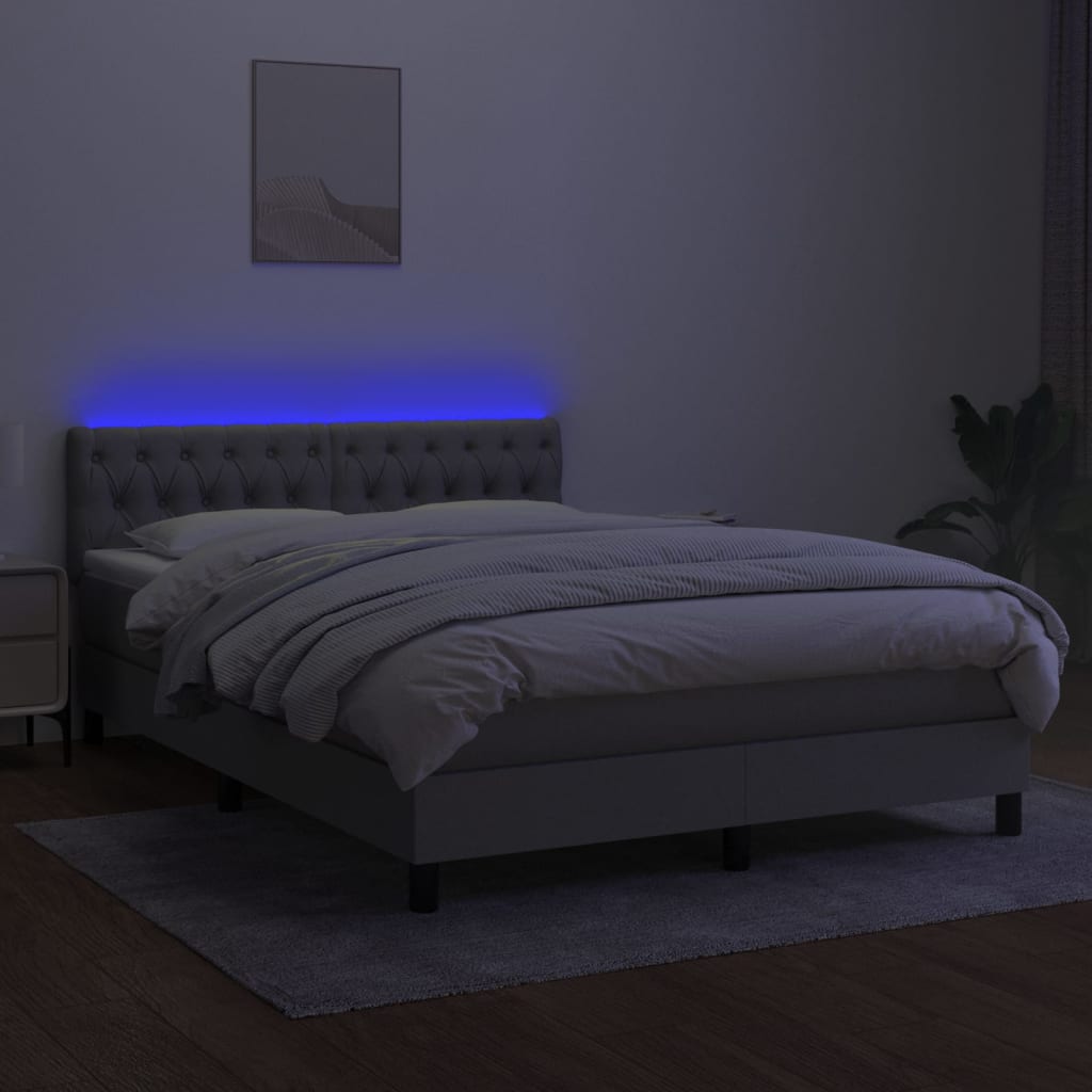 Krevet box spring s madracem LED svjetlosivi 140x190 cm tkanina