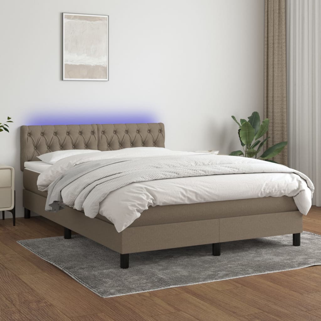 Krevet box spring s madracem LED smeđesivi 140x190 cm tkanina