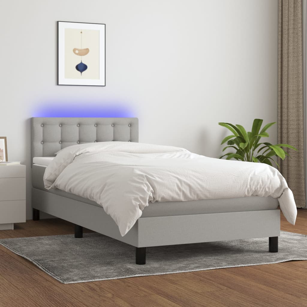 Krevet box spring s madracem LED svjetlosivi 90x190 cm tkanina