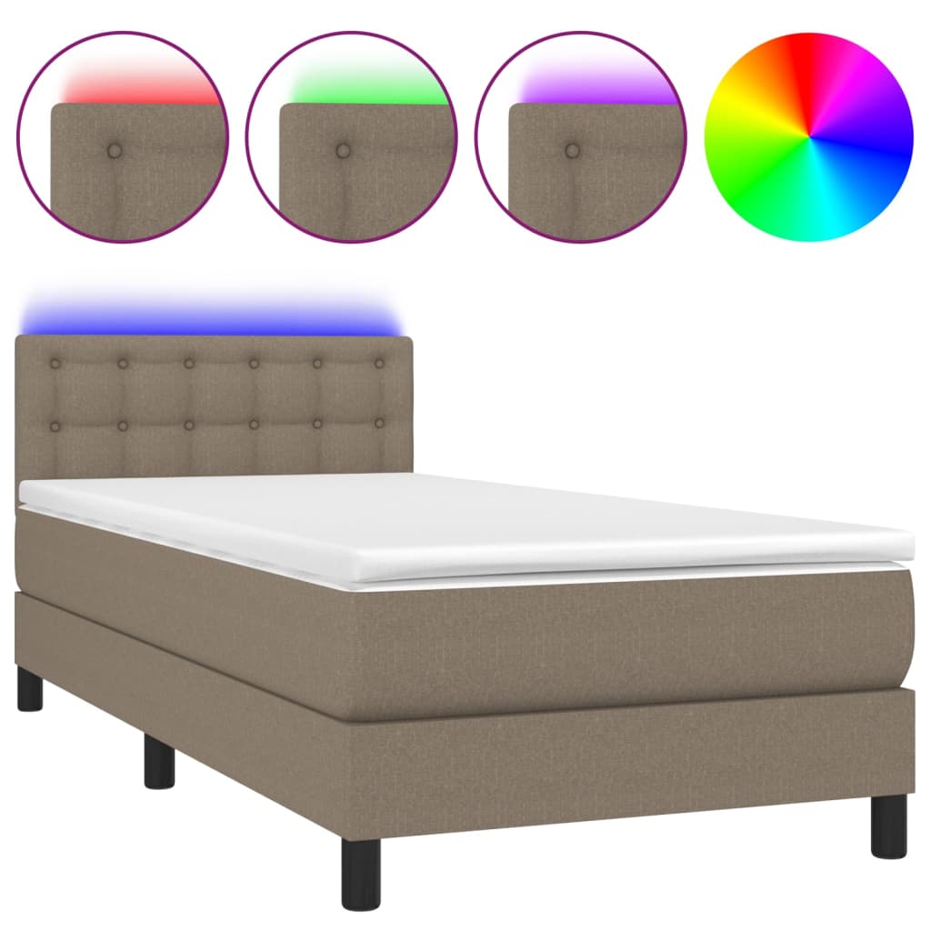 Krevet box spring s madracem LED smeđesivi 90x200 cm tkanina
