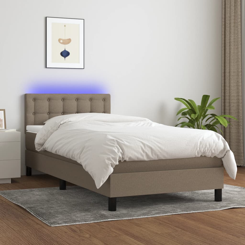 Krevet box spring s madracem LED smeđesivi 100x200 cm tkanina