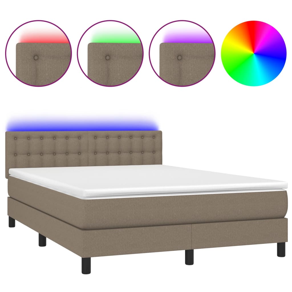 Krevet box spring s madracem LED smeđesivi 140x200 cm tkanina
