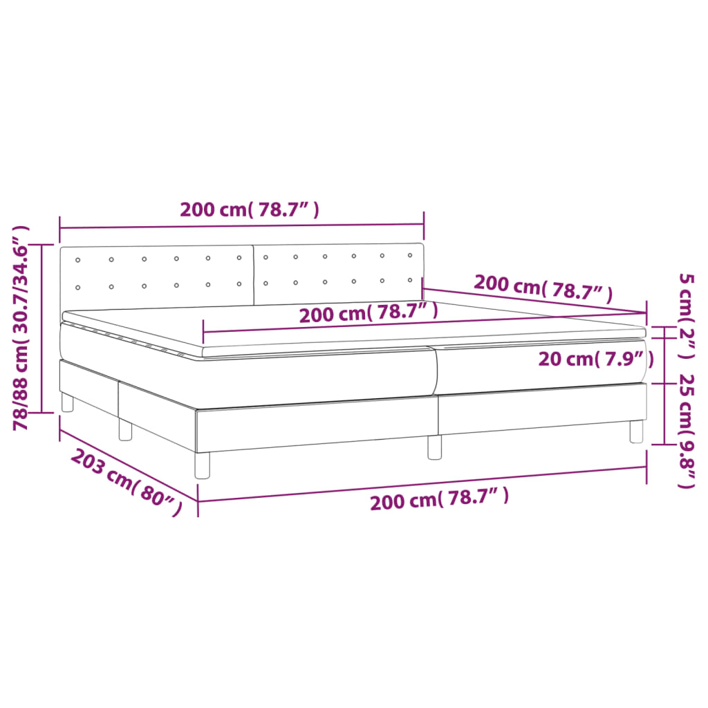 Krevet box spring s madracem LED svjetlosivi 200x200 cm tkanina