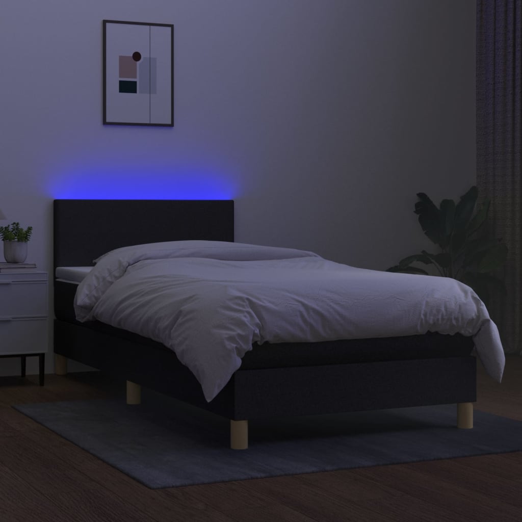 Krevet box spring s madracem LED crni 90x200 cm od tkanine