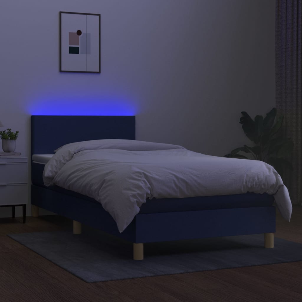 Krevet box spring s madracem LED plavi 90x200 cm od tkanine