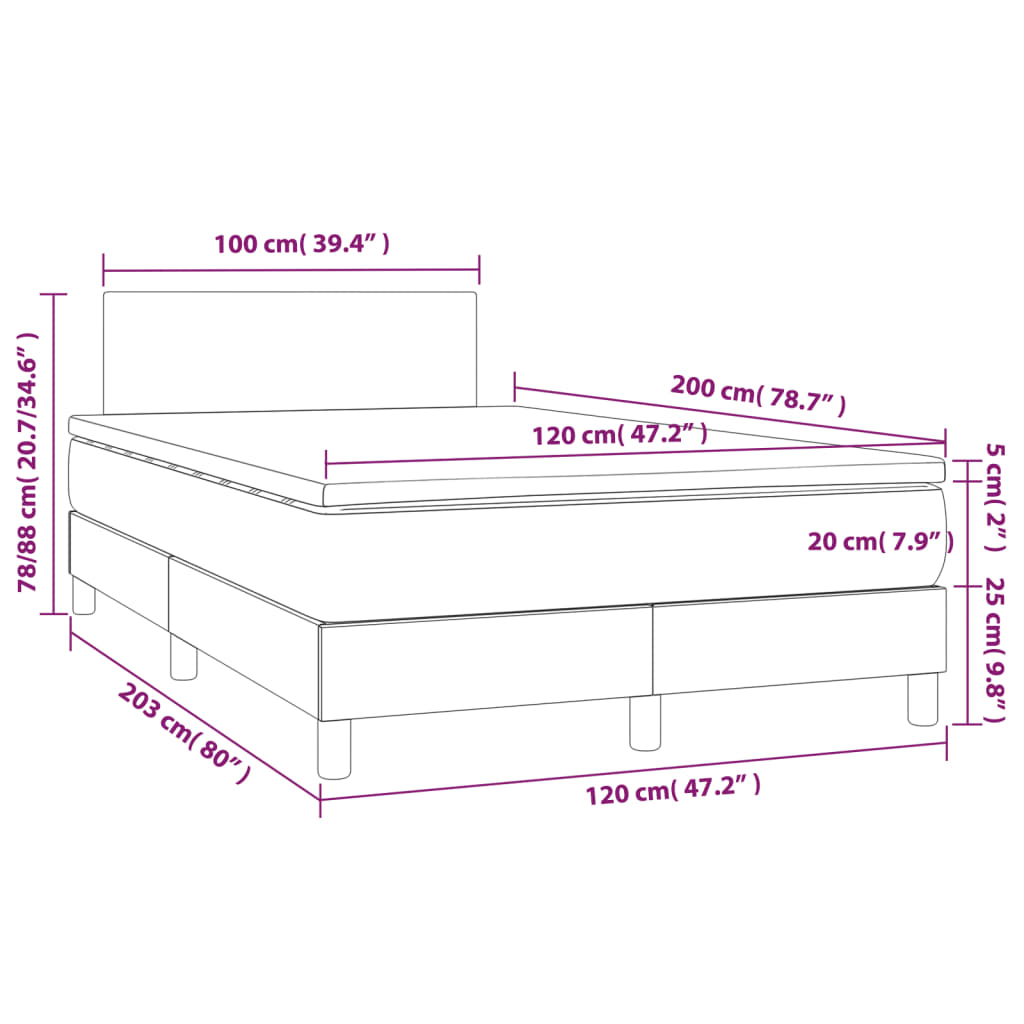 Krevet box spring s madracem LED svjetlosivi 120x200 cm tkanina