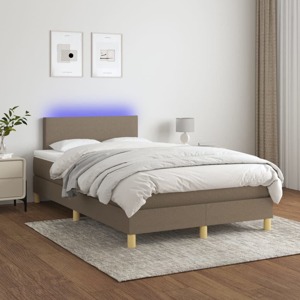 Krevet box spring s madracem LED smeđesivi 120 x 200 cm tkanina