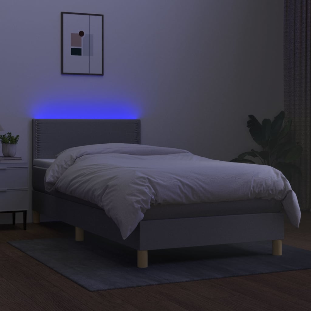 Krevet box spring s madracem LED svjetlosivi 90x190 cm tkanina