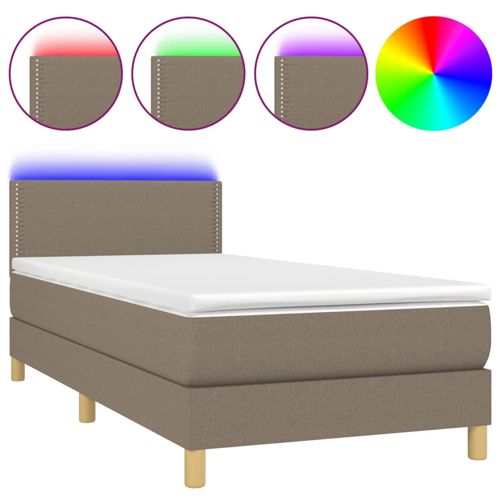 Krevet box spring s madracem LED smeđesivi 90x200 cm tkanina