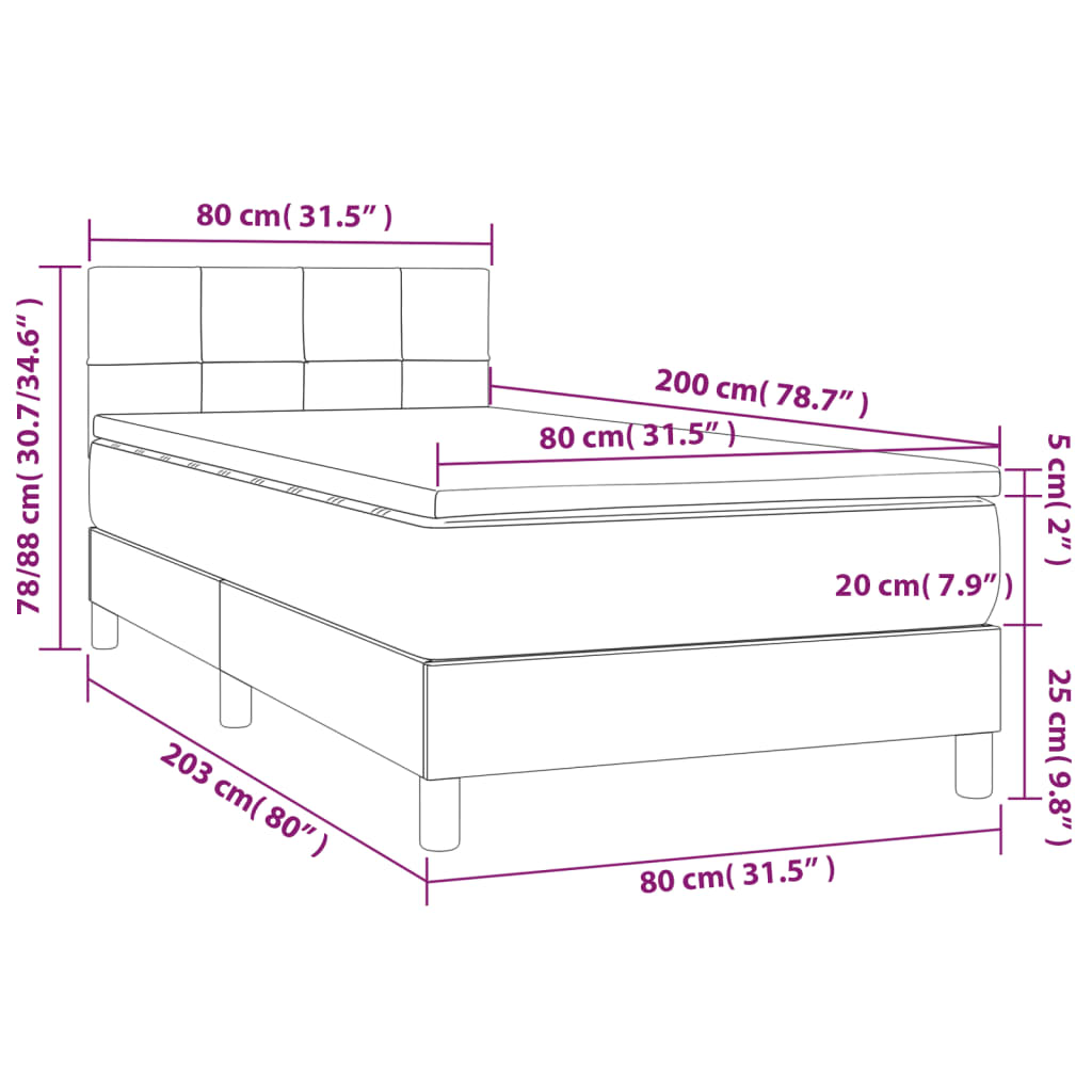 Krevet box spring s madracem LED svjetlosivi 80x200 cm tkanina