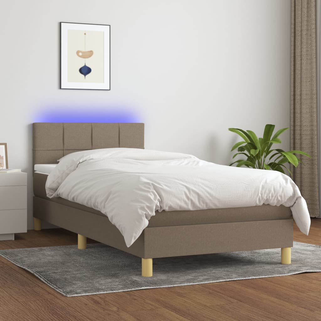 Krevet box spring s madracem LED smeđesivi 90x190 cm tkanina