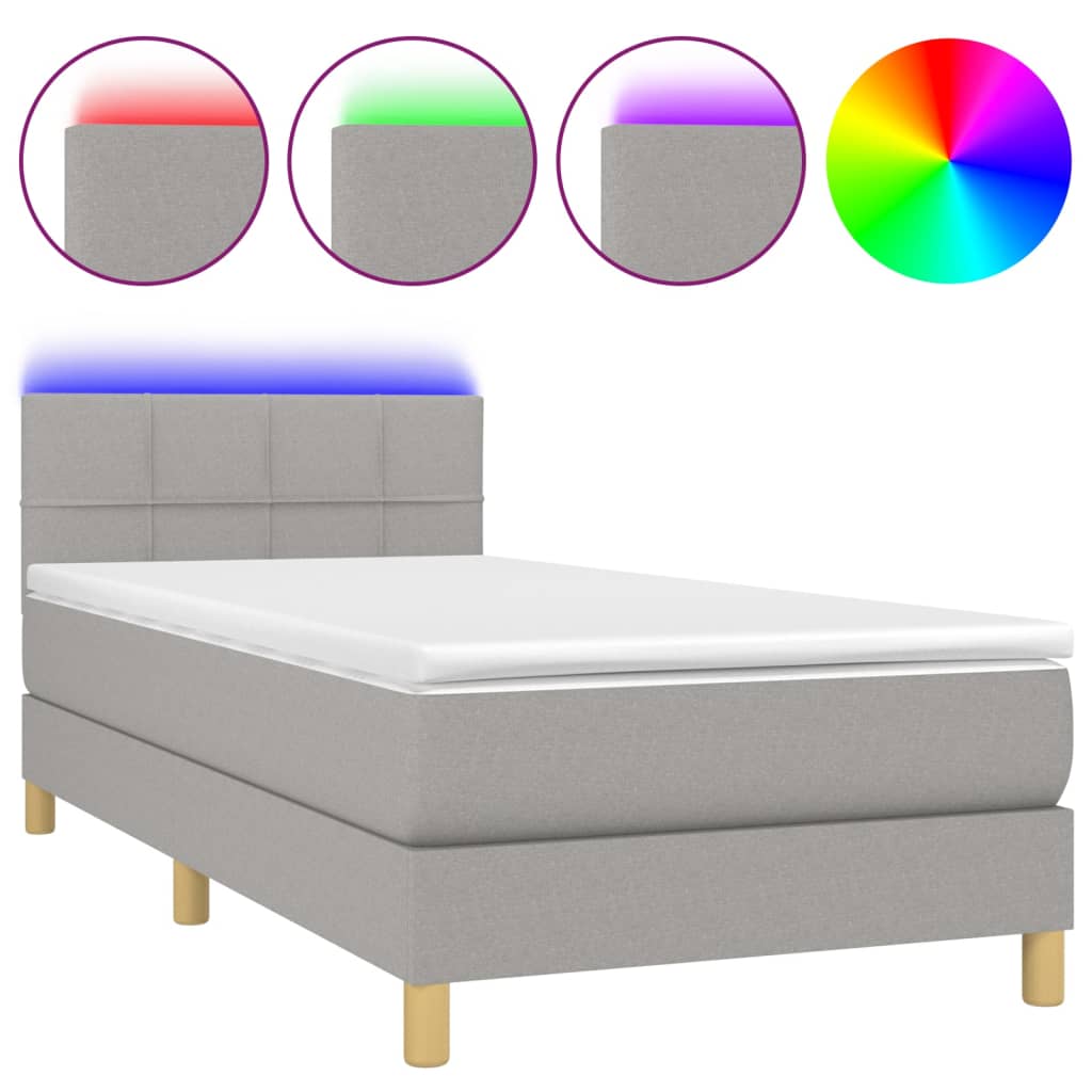 Krevet box spring s madracem LED svjetlosivi 100x200 cm tkanina