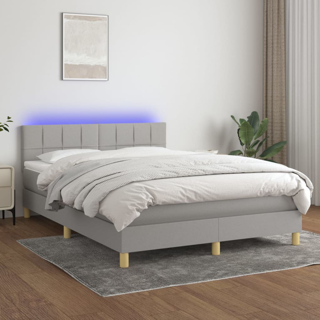 Krevet box spring s madracem LED svjetlosivi 140x190 cm tkanina