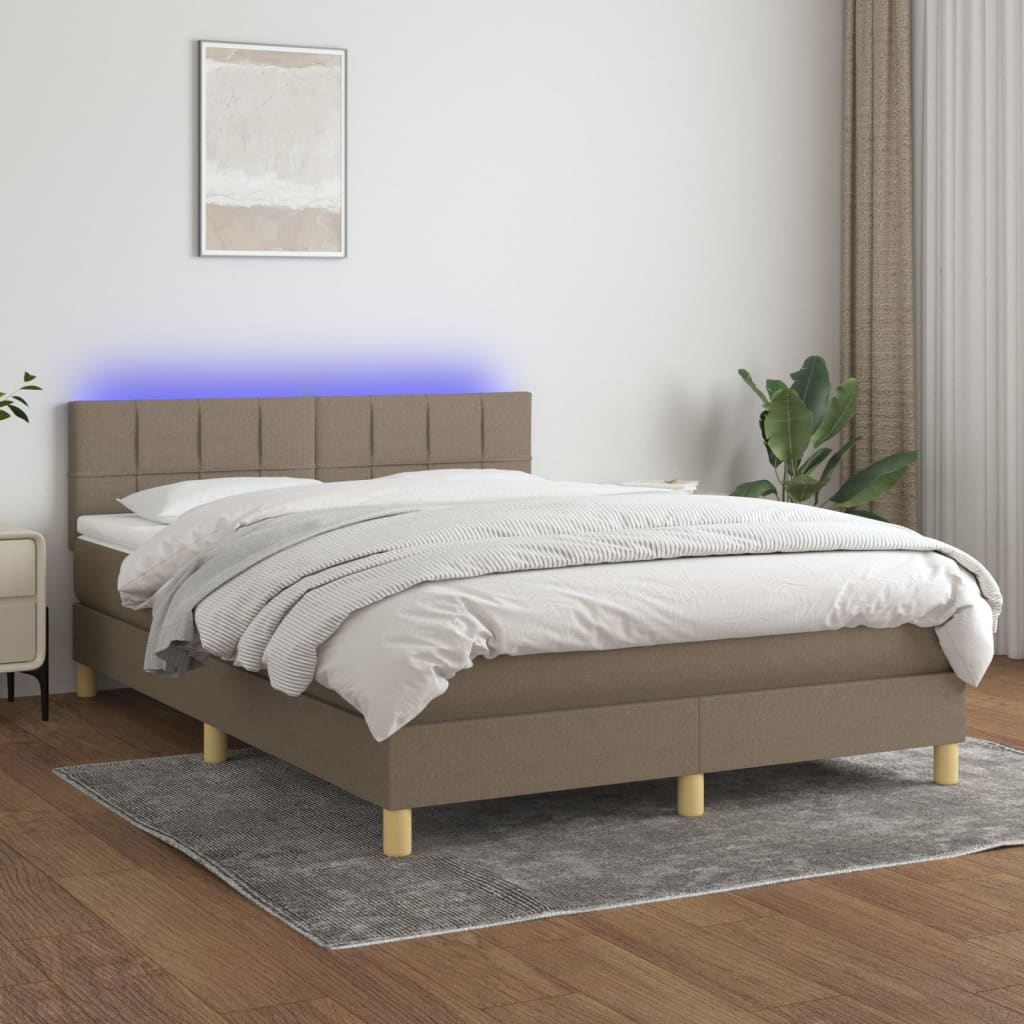 Krevet box spring s madracem LED smeđesivi 140x200 cm tkanina