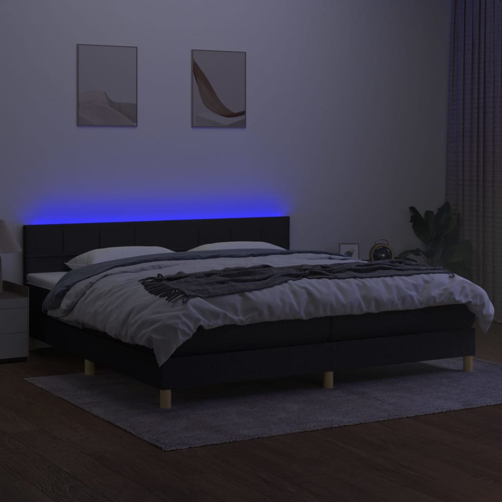 Krevet box spring s madracem LED crni 200x200 cm od tkanine