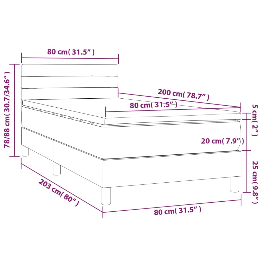 Krevet box spring s madracem LED tamnosivi 80 x 200 cm tkanina