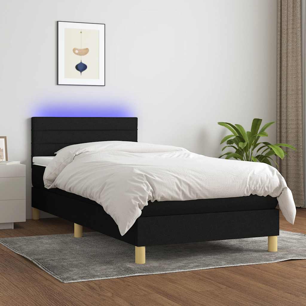 Krevet box spring s madracem LED crni 90x200 cm od tkanine