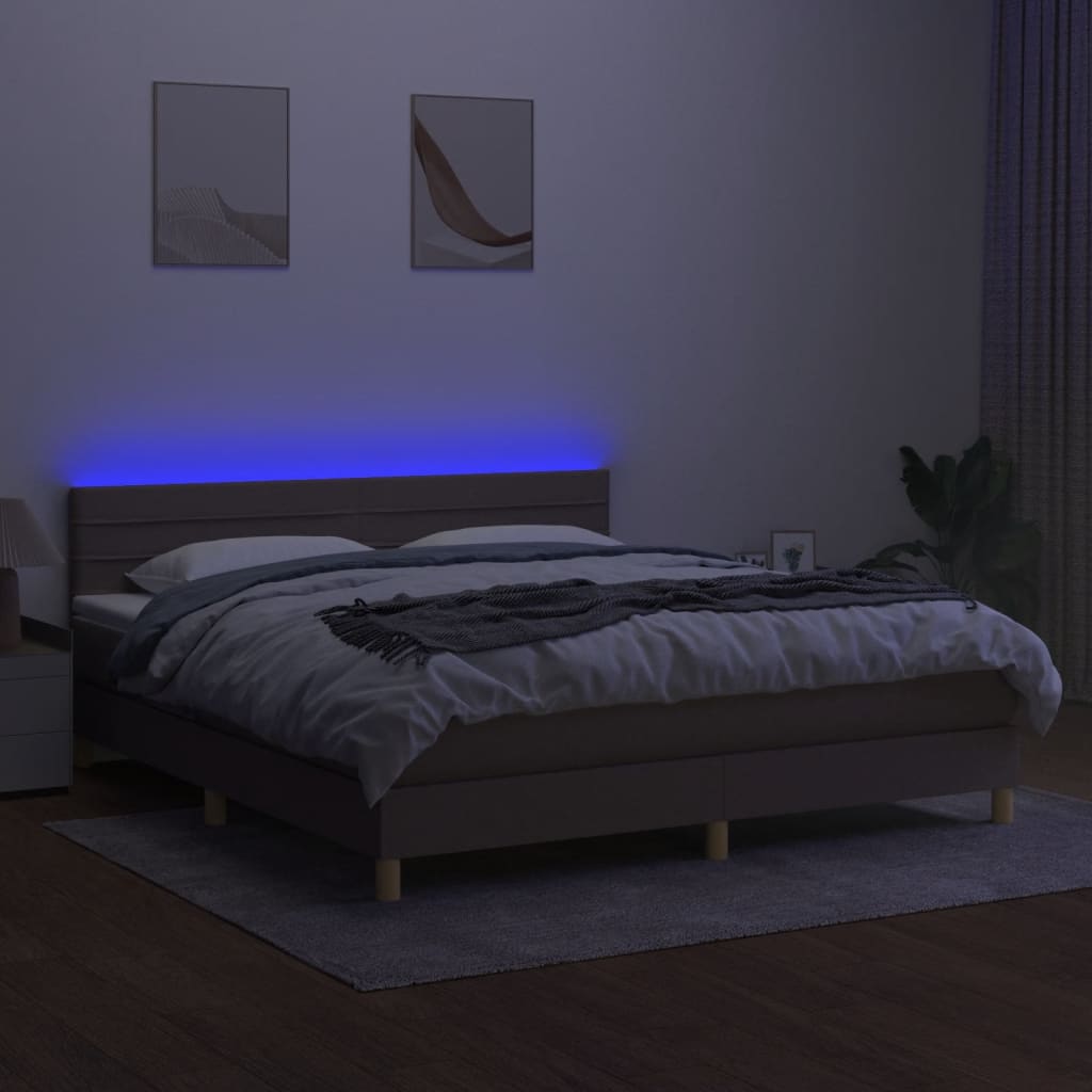 Krevet box spring s madracem LED smeđesivi 160x200 cm tkanina