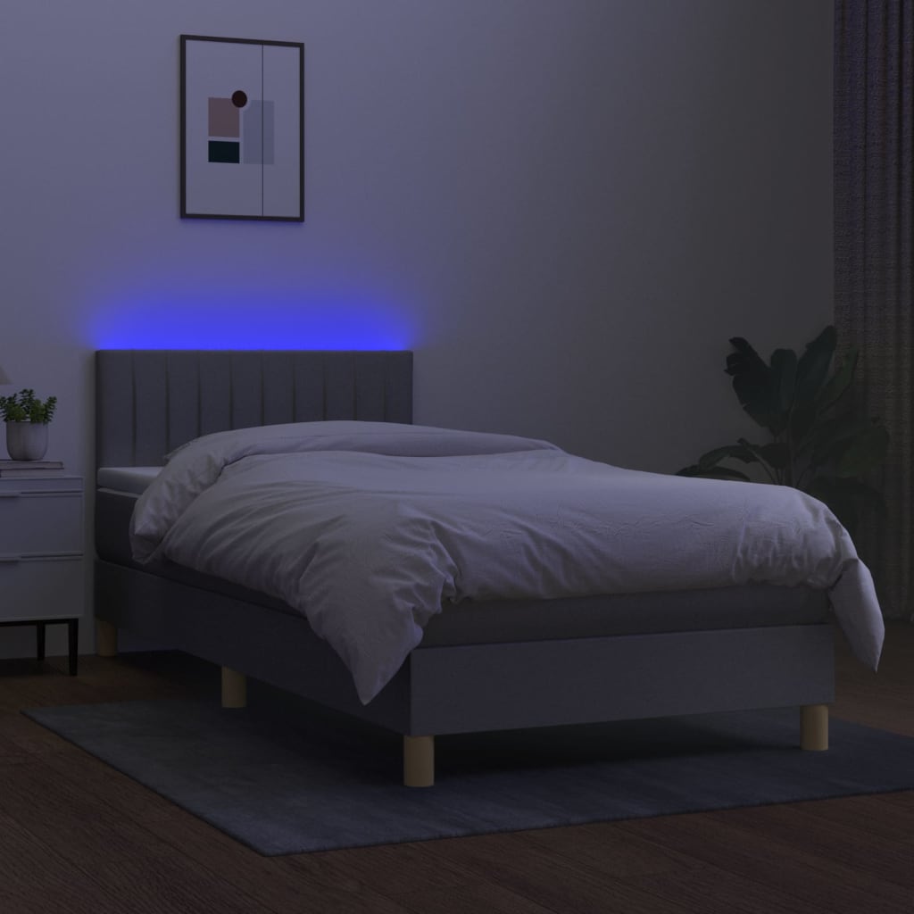 Krevet box spring s madracem LED svjetlosivi 90x200 cm tkanina