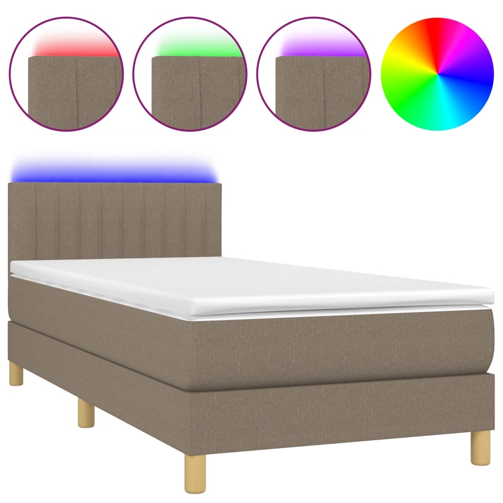 Krevet box spring s madracem LED smeđesivi 90x200 cm tkanina