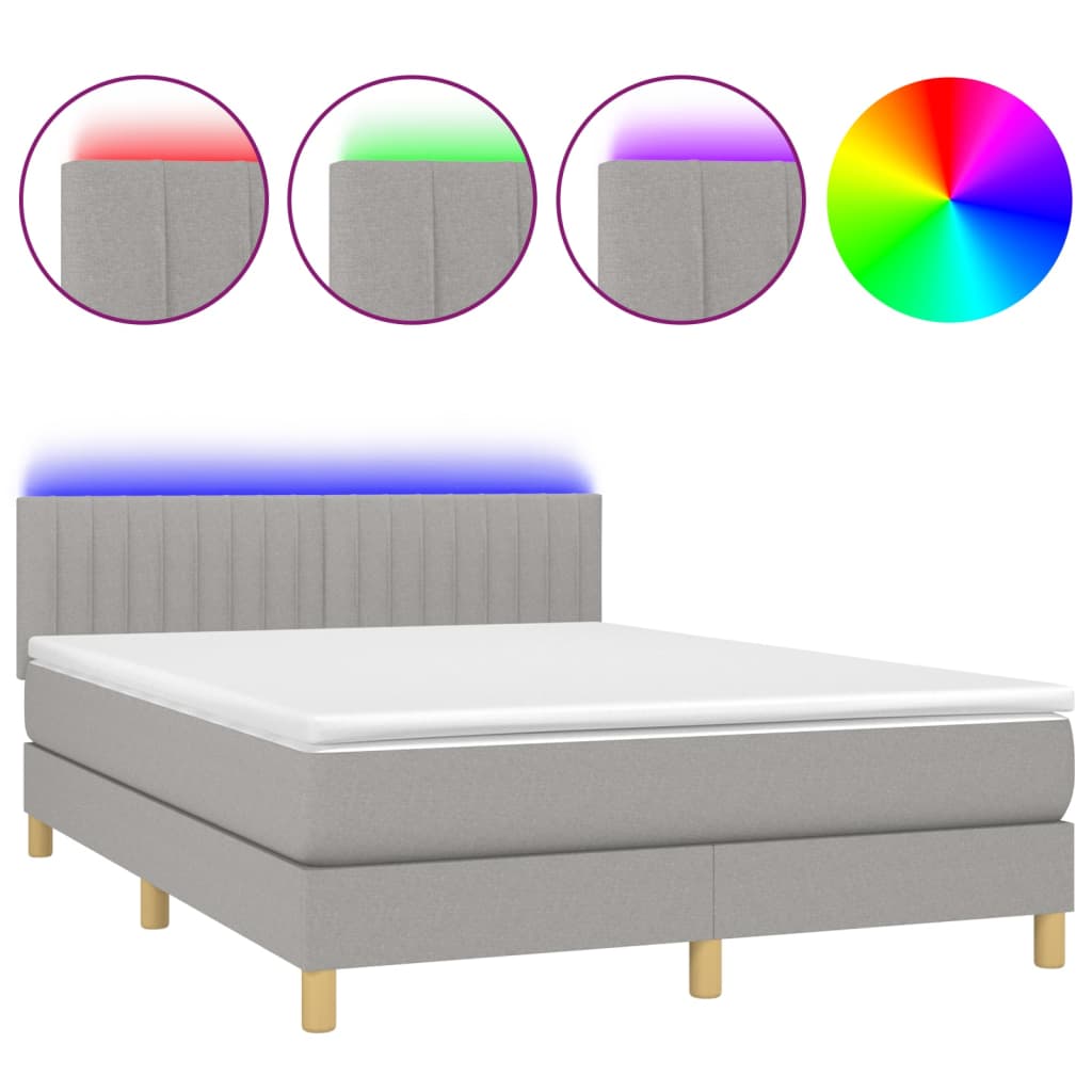 Krevet box spring s madracem LED svjetlosivi 140x190 cm tkanina