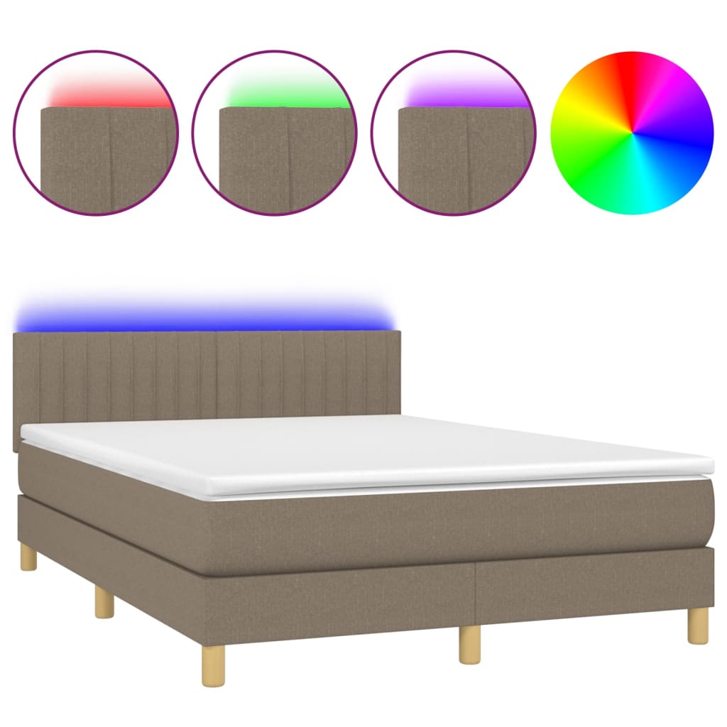 Krevet box spring s madracem LED smeđesivi 140x200 cm tkanina