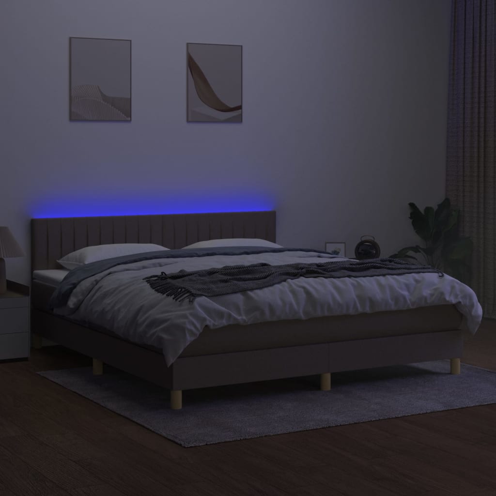 Krevet box spring s madracem LED smeđesivi 160x200 cm tkanina